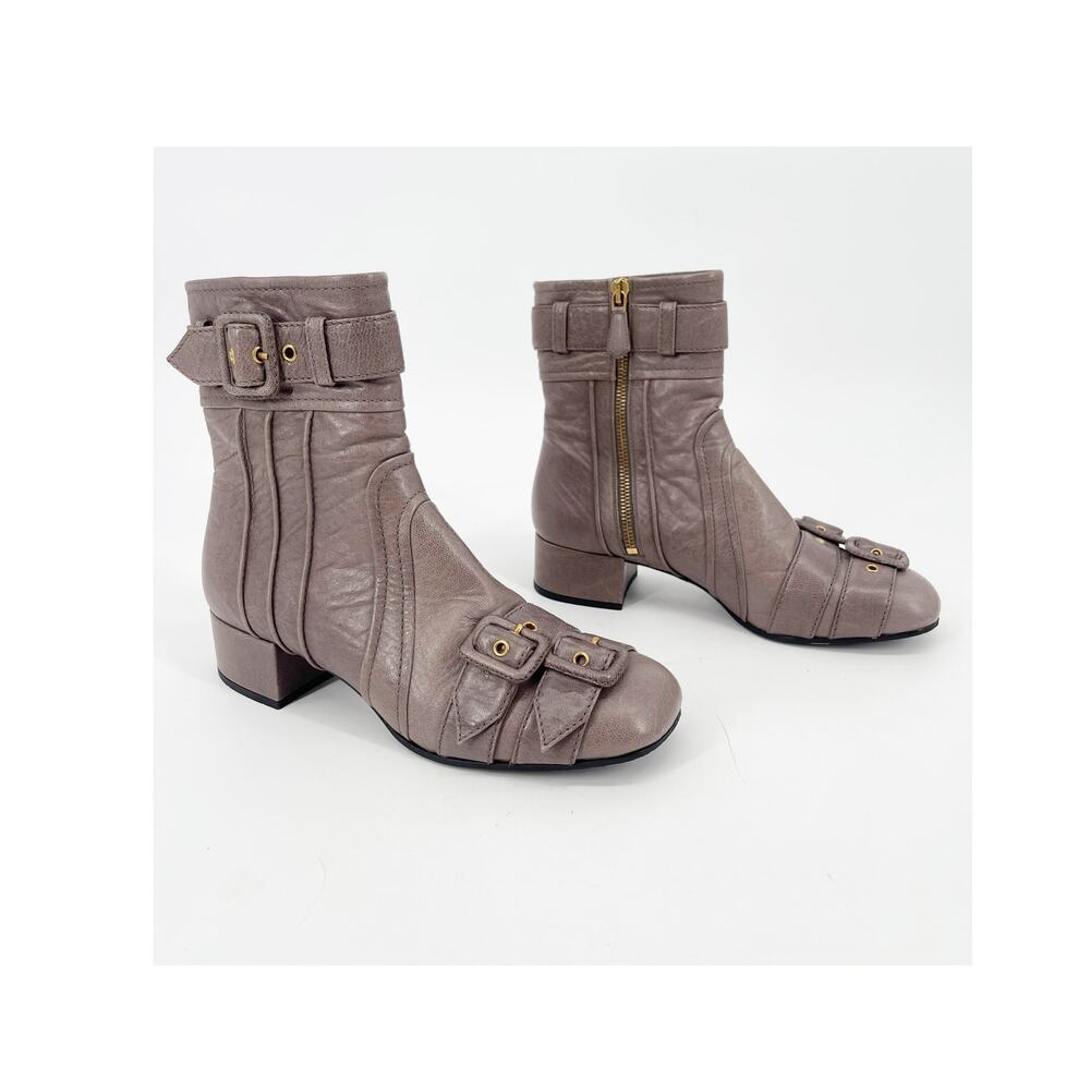 Prada F/W 2017 Dove Gray Multi Buckle Moto Grunge Square Toe Ankle Boot IT 37.5